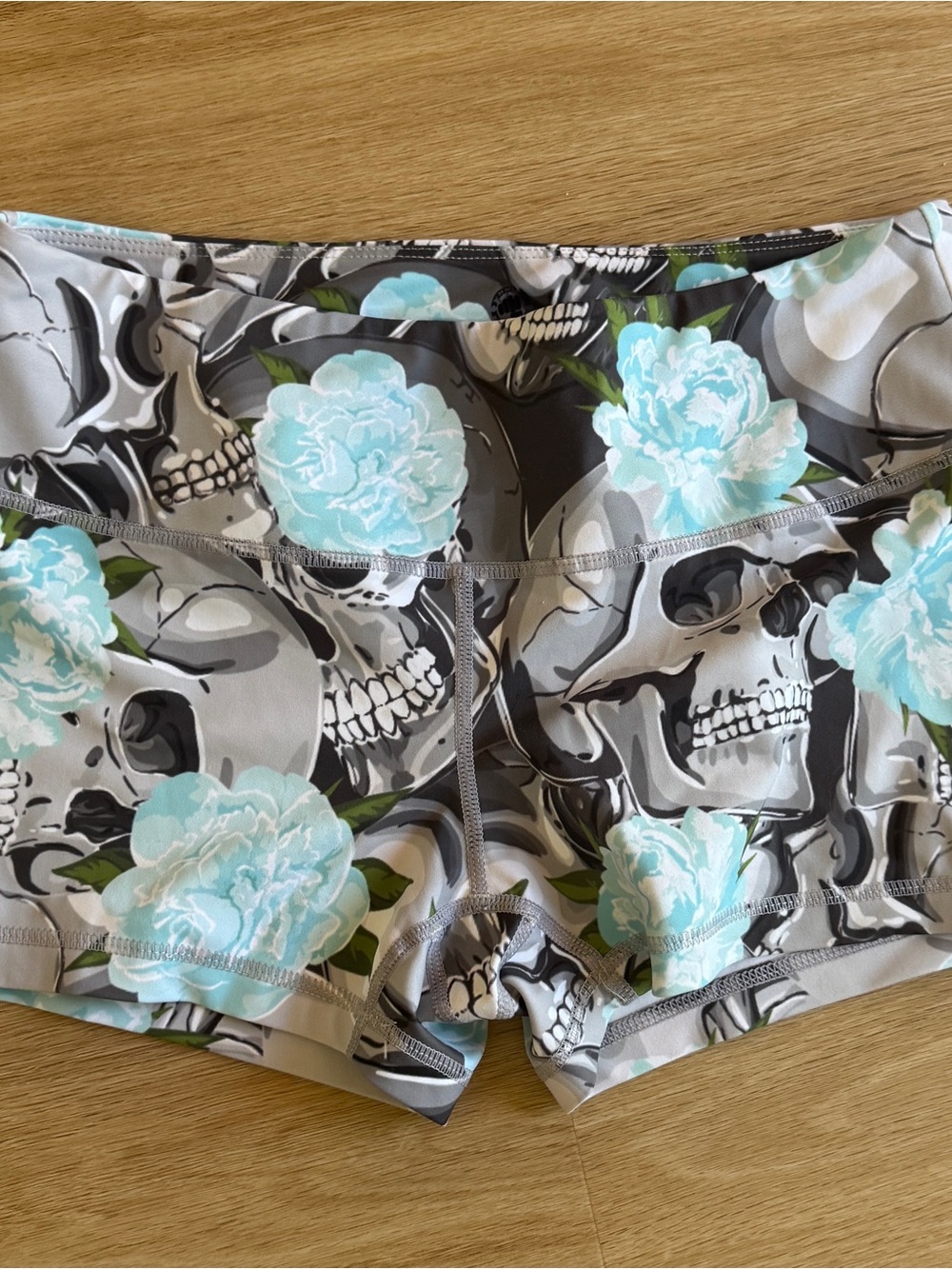 Feed Me Fight Me Women's Skull & Floral Bike Shorts - Light Blue and Gray